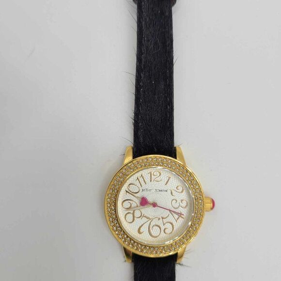 Betsey Johnson Gold Tone With Crystal Watch Running with Black Fuzzy Band NWOT! main image 2